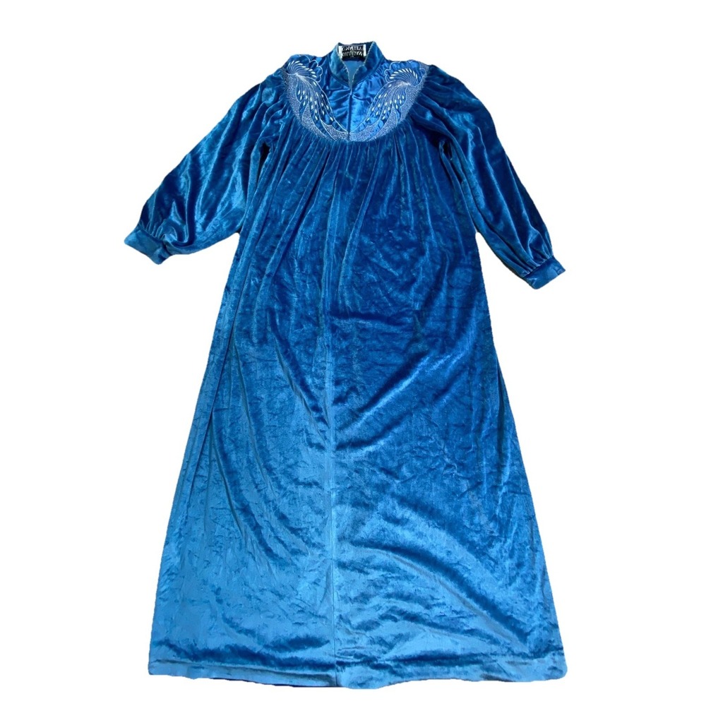 Vintage Gilligan O'Malley Maxi Robe Womens L Blue Velvet Embroidered Nightgown